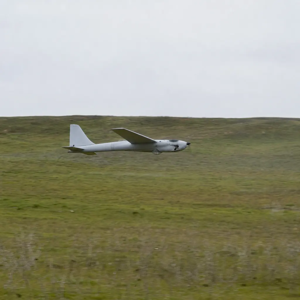 A small uncrewed aircraft flying low over open ground under flat overcast light, terrain filling most of the frame